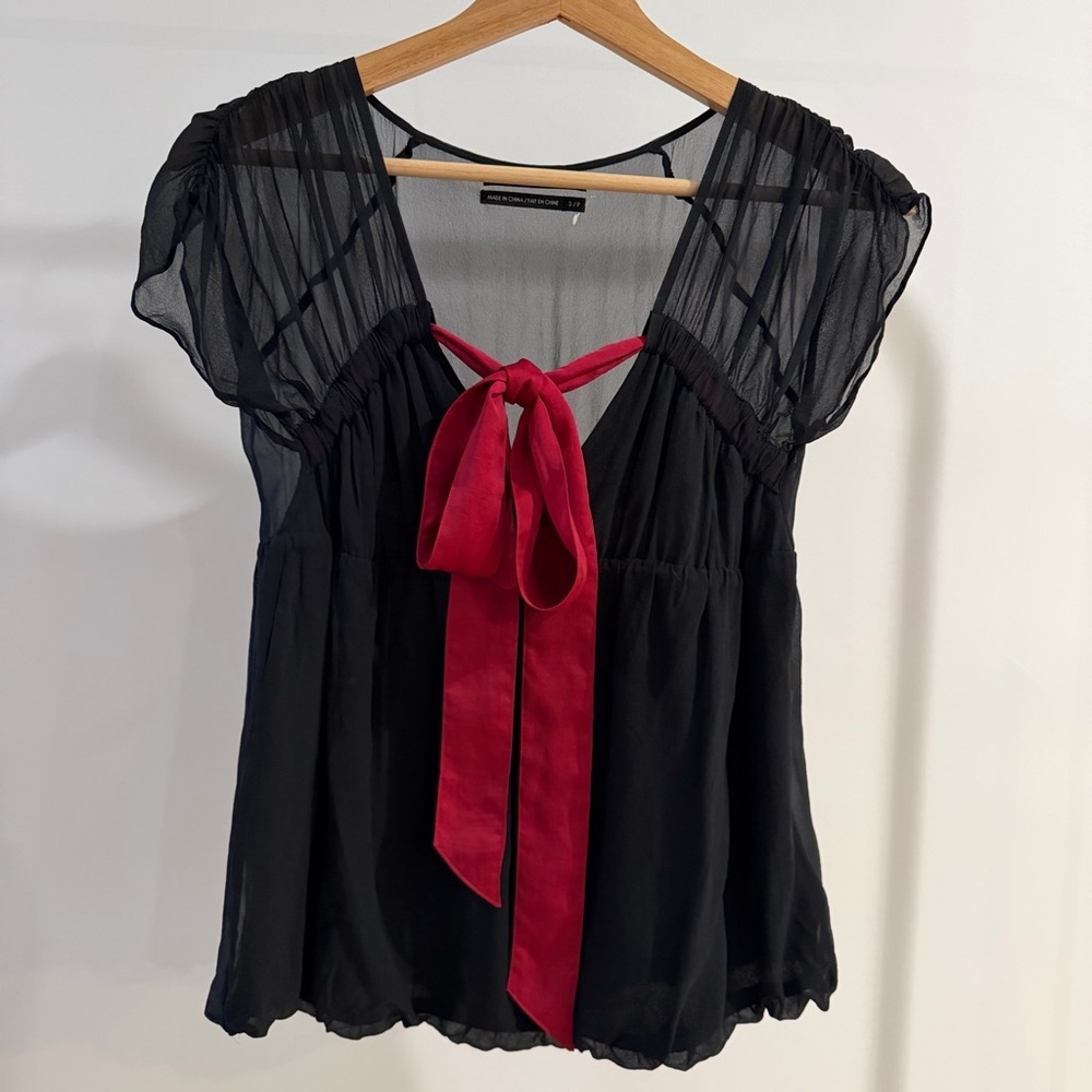 Club Monaco Black Silk Sheer Blouse Dark Fuchsia Bow Tie Front Size S - Picture 2 of 6